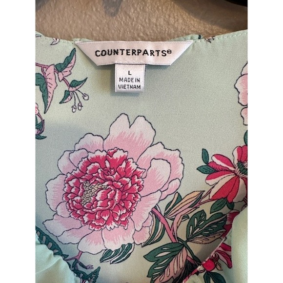 Counterparts Women's Mint Green Floral Ruffle V-Neck Long Sleeve Blouse Size LG - Picture 3 of 8